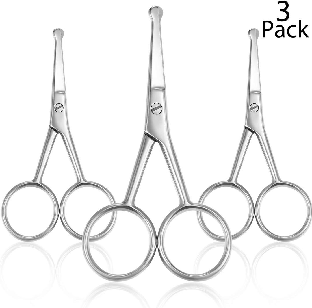 Mudder 3 Pieces Nose Hair Scissors Rounded Tip Scissors Facial Hair Trimming Stainless Steel Blunt Tip Trimmer for Eyebrows, Nose, Moustache, Beard, Grooming (Silver)