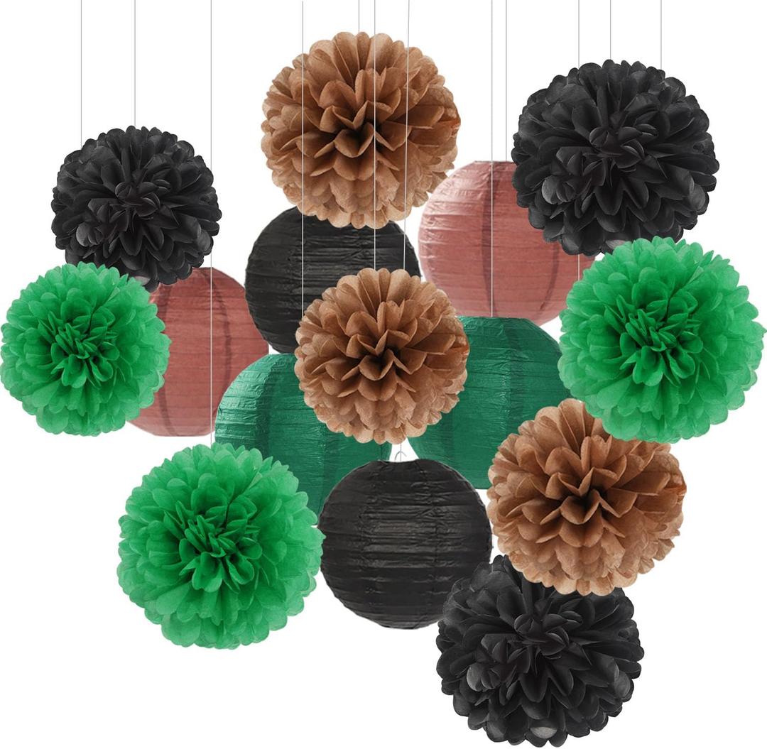 Football Party-Decorations Paper-Flowers - 15pcs Green Brown Black Tissue Pom Poms Lanterns Streamers,Birthday Baby Shower Bachelorette Hanging Supplies Decor Hugfond
