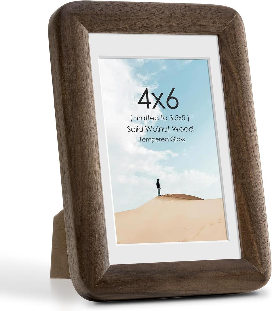 4x6 Picture Frame, Solid Walnut Wood Photo Frame with Mat for 3.5x5 Photos or 4x 6 without Mat, 4x6 Wooden Photo Frames with Tempered Glass, 4 x 6 Curved Wood Picture Frame for Wall or Tabletop Display