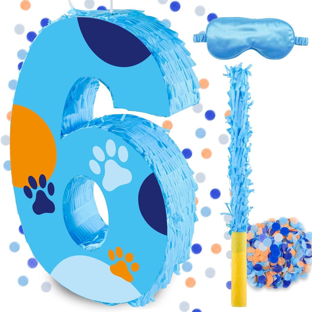 16 Inch Number 6 Dog Paw Pinata with 16 Inch Piata Stick Blindfold Confetti for Boy Girl Kids 6th Birthday Party Decorations (6th)
