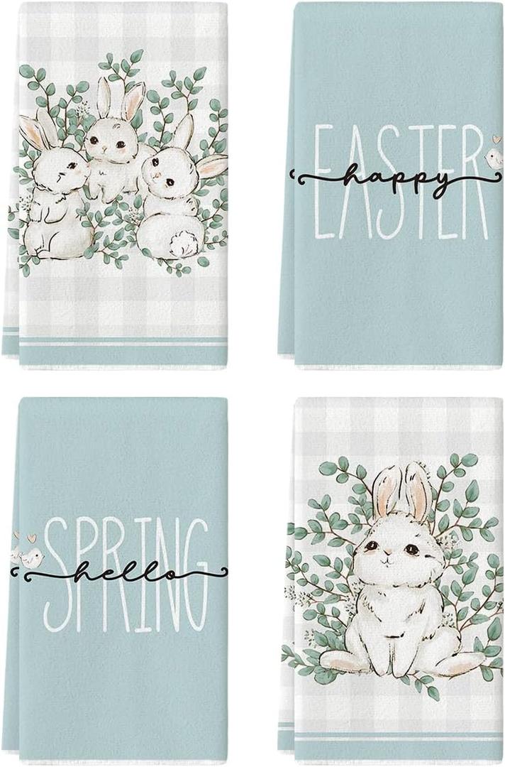 Artoid Mode Buffalo Plaid Bunny Rabbit Eucalyptus Leaves Happy Easter Kitchen Towels Dish Towels, 18x26 Inch Seasonal Spring Decoration Hand Towels Set of 4 (Blue)