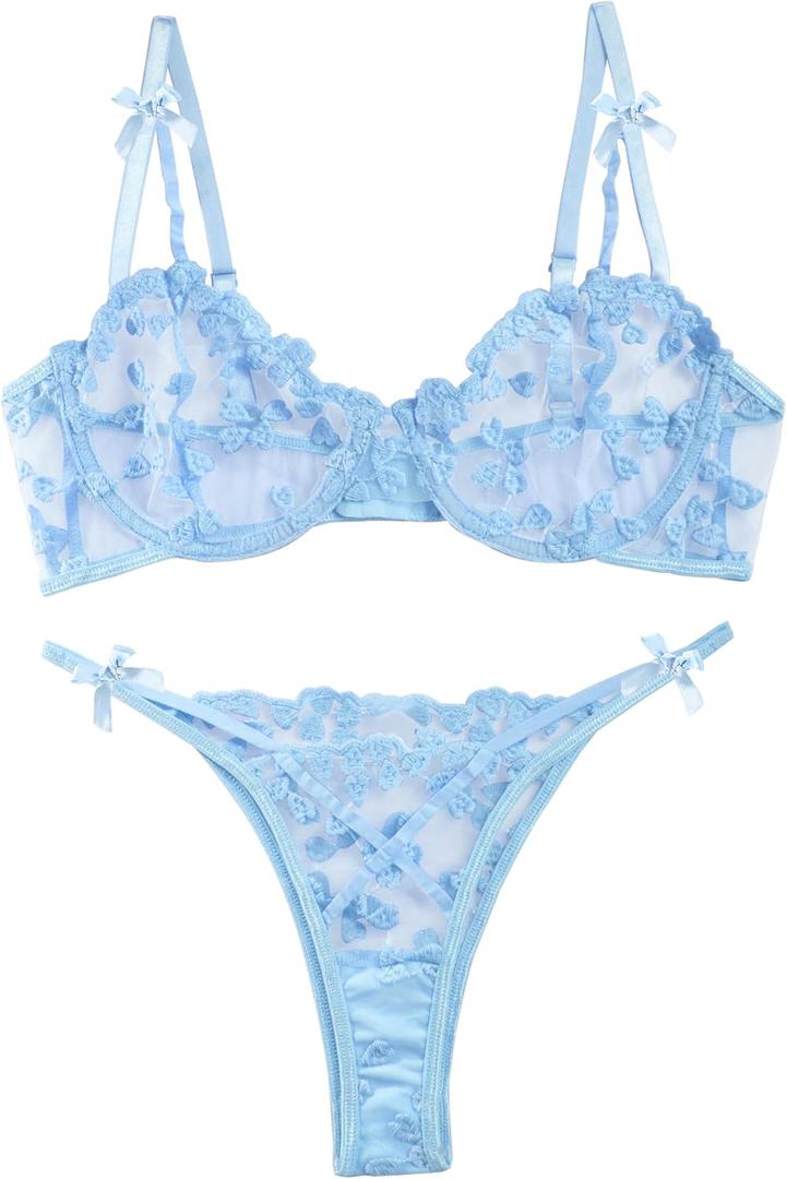 Lilosy Sexy Underwire Cute Push Up Strappy Embroidered Mesh Sheer Lingerie Set See Through Panty Bra (XX-Large, Bow Light Blue)