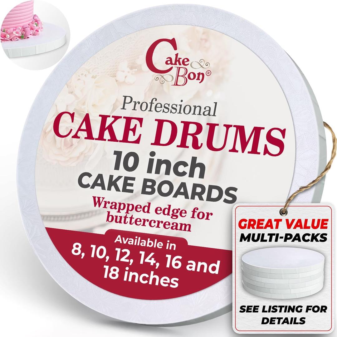 Cakebon Round Cake Boards - Sturdy 1/2 Thick Cake Drums - 10 Inch Professional Base Para Pastel Fully Wrapped Edges White 12-Pack