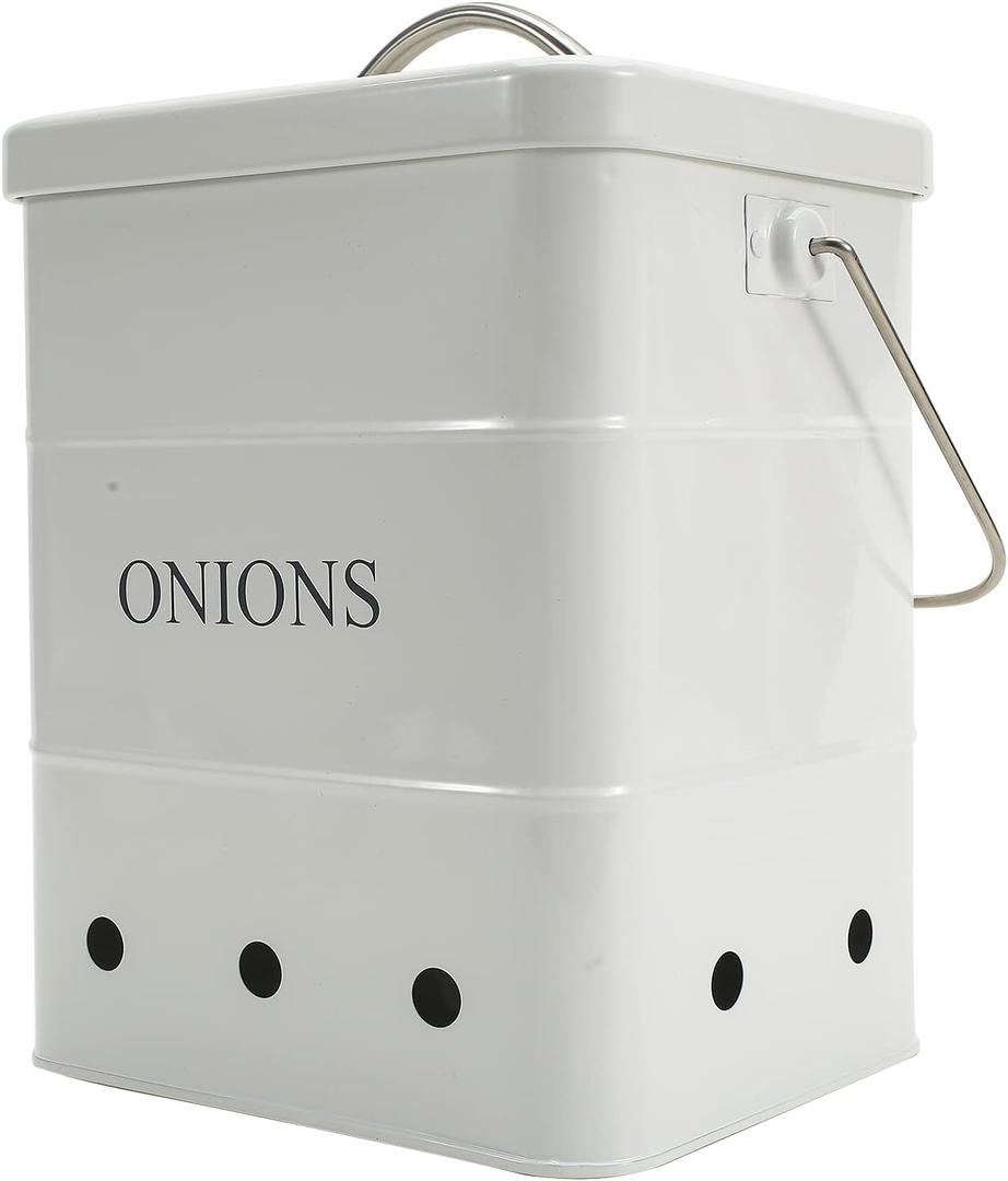 Onion Storage Bin, Kitchen Storage Canister,Kitchen Pantry Organizer Tin With Airtight Lid & Handles, Vegetable Fresh Keeper with Aerating Tin Storage Holes (White)