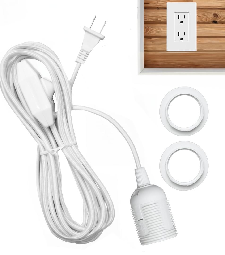 Fabric Cord for Hanging Pendant Lamp Fixture, Lampshades 15 Feet Decorative Braided Flexible Cable E-26/ E-27 Light Bulb Socket & 2 Prong Flat Plug Dimmer Switch with Knob DIY Projects - White
