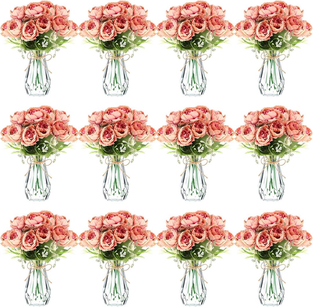 Zeyune 37 Pack Artificial Peonies Flowers with Bud Vase Bulk 24 Bundles Silk Peonies Bouquets 12 Plastic Clear Vase with 1 Rope Fake Flowers for Table Centerpiece Vases(Coffee,Perfume)