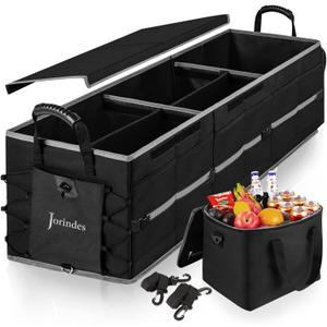 Collapsible Trunk Organizer for Car with Insulated Leak proof Cooler Bag, 3 Compartments SUV Cargo Organizer Removable Dividers, 5 in1 Car Storage Organizer with Foldable Lid,2 Tie-Down Straps(Black)