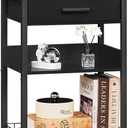 Lerliuo Pure Black Printer Table with Fabric Drawer,3 Tier Industrial Wood Printer Stand with Storage Shelf,Modern Tall End Table,Nightstand,Bed Side Tables for Scanner Fax Home Office Small Spaces