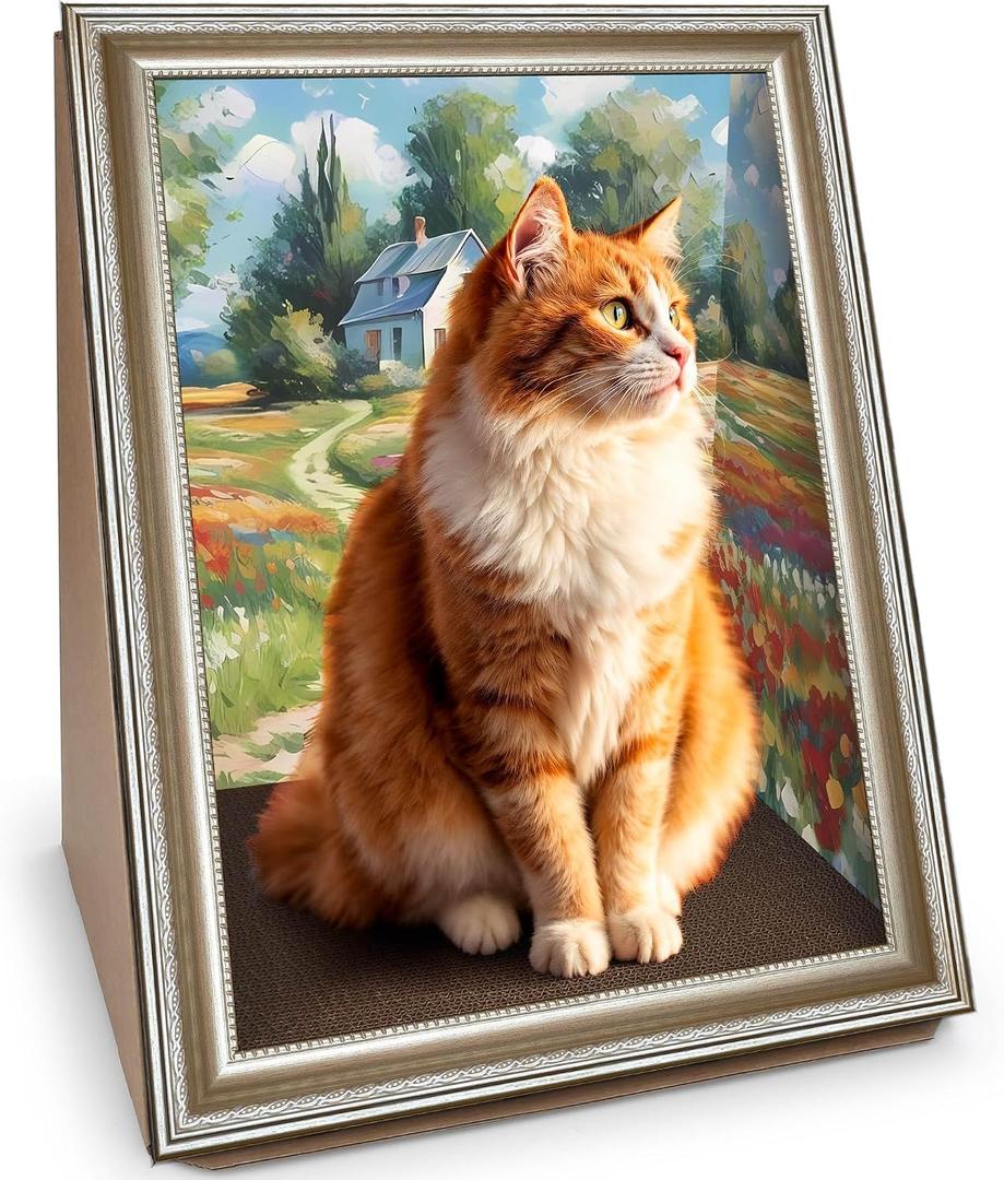 Cat Scratcher Pad, Oil Painting Furniture Saver Scratching Board, Cardboard Cat Scratcher House with Frame, Large Scratching Pad & Scratcher Bed, Cat Cardboard Scratcher for Indoor Cats