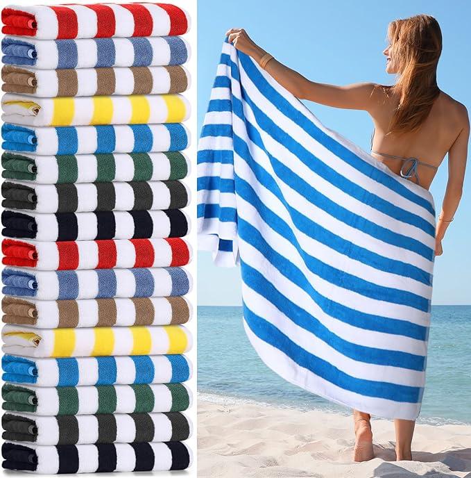 VitalCozy 4 pack Cotton Pool Beach Towels Bulk 30 x 70 Inch Cabana Stripe Oversized Basics Turkish Pool Bath for Hotel Swimming Bathroom(Assorted Color)