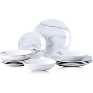 Bestone 12 Pieces Round Kitchen Dinnerware Sets,Plates and Bowls sets,Dishes, Plates, Bowls, Dish SetPlates and Bowls,Service for 4, Blue and White Marble