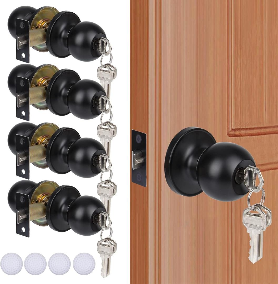 4 Pack Keyed Entry Door Knobs Matte Black Round Exterior/Interior Door Lock with Keys for Bedroom Bathroom, Hardwares & Instruction Included