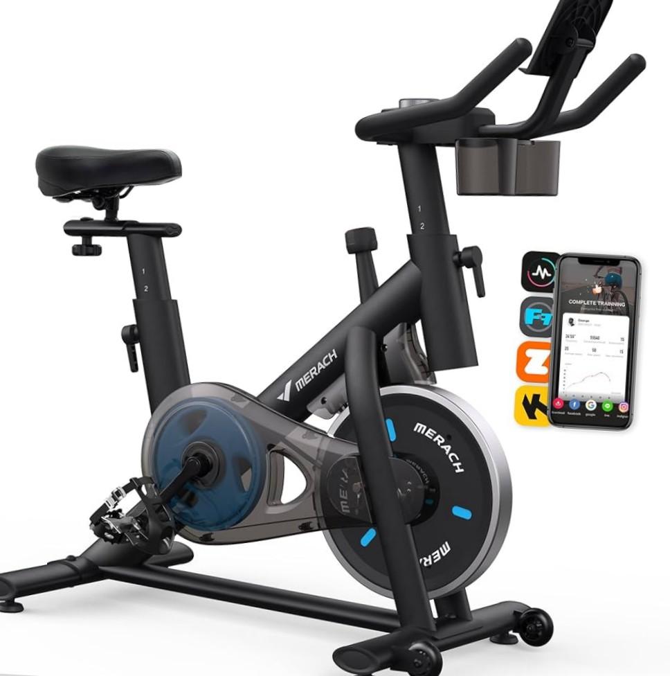 MERACH Exercise Bike, Brake Pad Stationary Bike with Exclusive App, Low Noise Indoor Cycling Bike with 300lbs Weight Capacity, Tablet Mount and Fitness Courses for Weight Loss