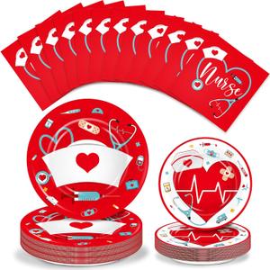 200 Pcs Graduation Nurse Party Decorations Doctor Nurse Week Party Plates Include 9 Inch 7 Inch Paper Disposable Plates Lunch Napkin Medical Birthday Party Tableware Set for Nursing School(Red)