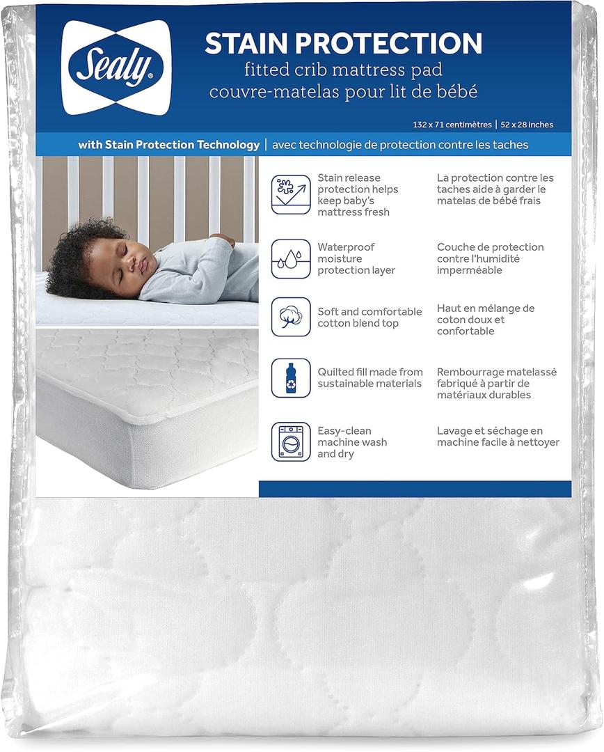 Sealy Baby Stain Protection Fitted Waterproof Infant Crib Mattress Protector Pad and Toddler Bed Cover, Durable and Comfortable Topper, Machine Washable and Dryer Friendly, 52 x 28- White (Pack of 1)