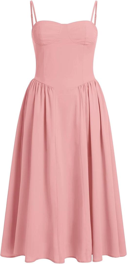 ABEHIK Women Floral Corset Dress Boho Spaghetti Strap Lace Up Casual Midi Dresses with Pockets Low Cut Flowy Bustier Sundress (Pink)