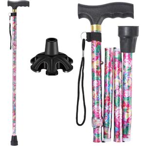 Walking Cane ATMTV Cane for Woman | Mobility & Daily Living Aids | 5-Level Height Adjustable Walking Stick | Comfortable Plastic T-Handle Portable Folding Cane with Replace Tip Purple Flower