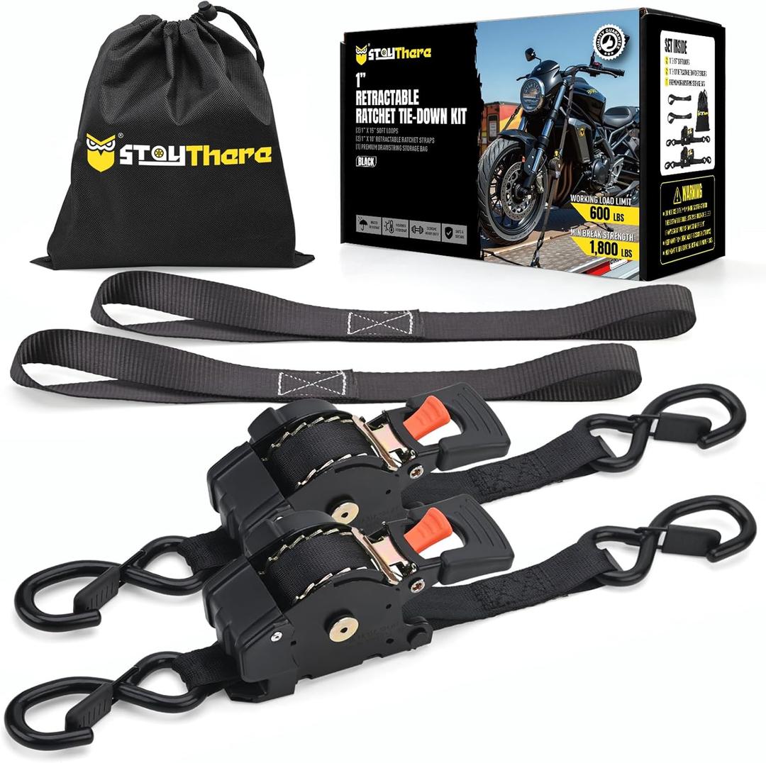 Stay There Retractable Ratchet Straps (2-Pack) - 1 Inch x 10 Feet (1800lb Break Strength) - Heavy Duty Auto Self Retracting Tie Down Straps for Truck, Cargo Trailer, Motorcycle & More - Black