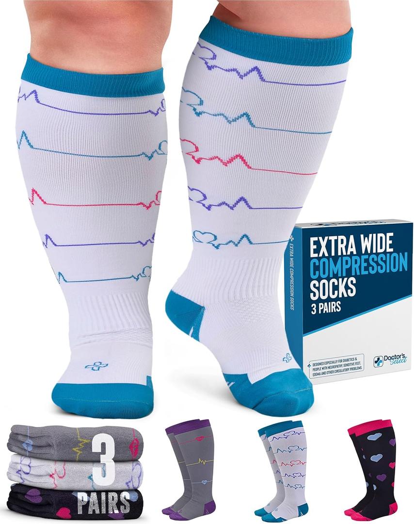 Doctor's Select 3 Pairs Plus Size Compression Socks Wide Calf - Up to 6XL | 20-30 mmHg Compression Socks for Women Wide Calf | Plus Size for Nursing, Traveling, Running (XX-Large)