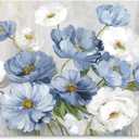 Goldfoilart Blue Flower Wall Art Light Blue and White Floral Canvas Print, 36"x24" Large Modern Flower Picture for Living Room Bedroom Bathroom Home Decor