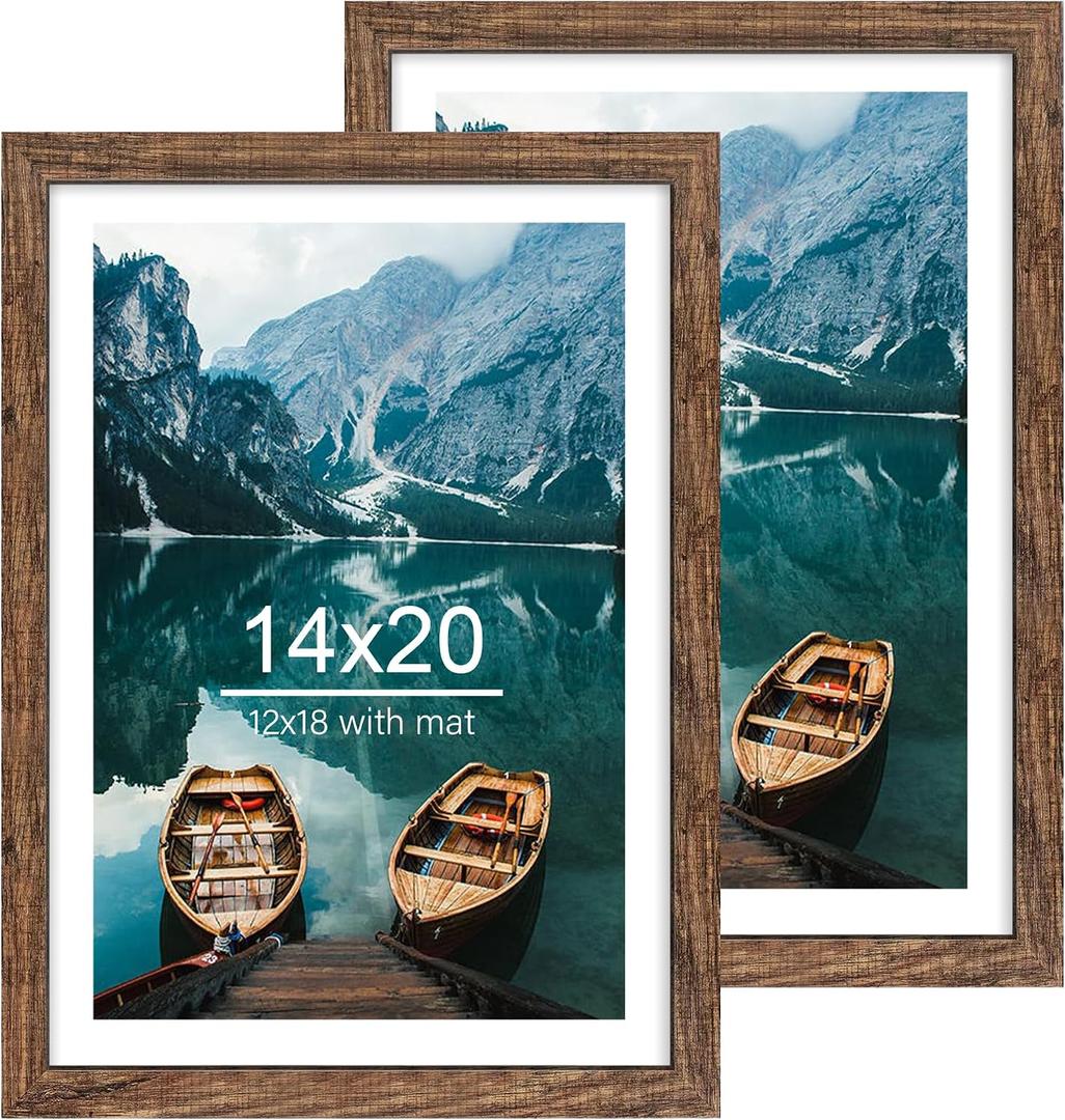 Hongkee 14x20 Picture Frame Set of 2, Rustic Brown Wood Style - Display 14 x 20 Picture without Mat or 12x18 Picture with Mat, Wall Mounting Horizontal and Vertical
