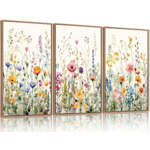 FWIEXA Floral Canvas Wall Art, Framed Wildflower Pictures Wall Decor, Large Flower Prints, Colorful Botanical Artwork, Watercolor Painting 3 Panel 16x24 Inches for Living Room, Bedroom, Office, Home