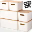 Suzile 6 packs Plastic Storage Bins with Bamboo Lids Stackable Storage Containers for Organizing, with Labels and Marker Document Paper Storage(Multiple Size)