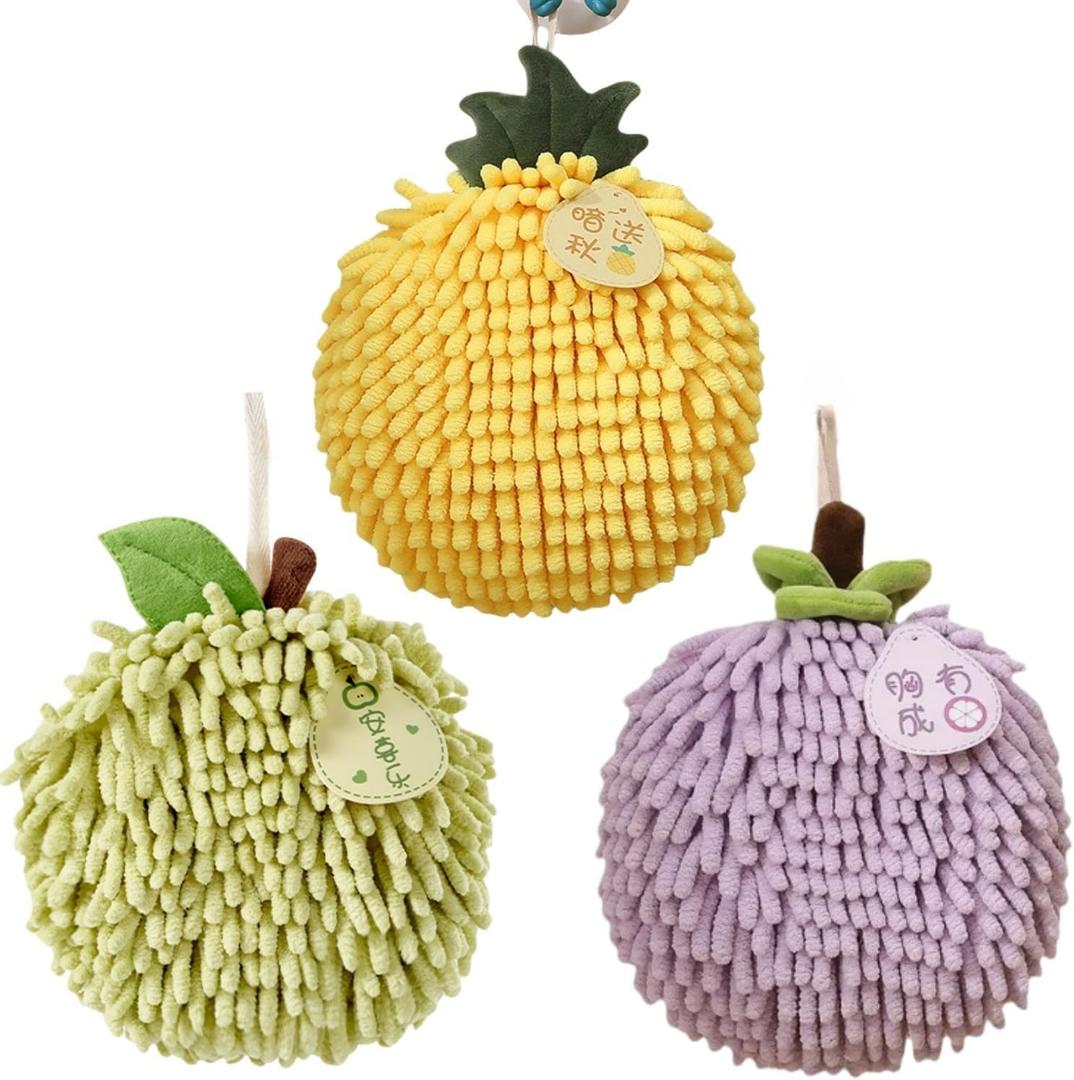 Fuzzy Chenille Hand Towel Ball,Hanging Hand Towels for Bathroom,Kitchen Hand Towels with Hanging Loops,Quick Dry,Set of 3(Green Yellow Purple)