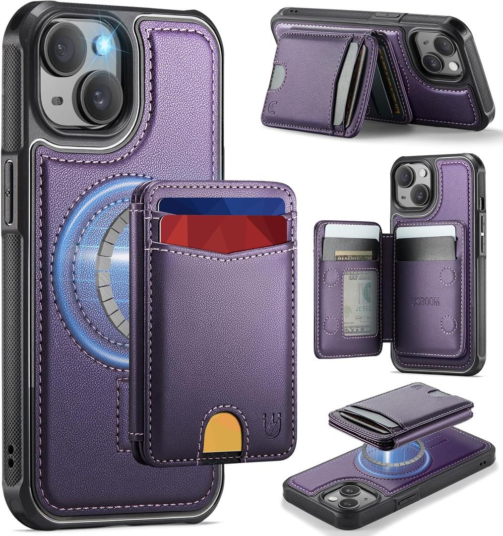for iPhone 13 Wallet Case Compatible with Magsafe, Magnetic RFID Blocking Card Holder Kickstand 2 in 1 Detachable Case for iPhone 13 6.1", Purple