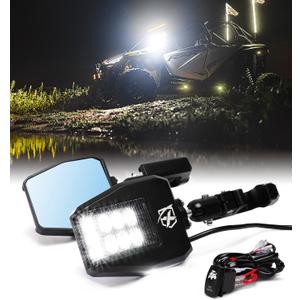 Xprite UTV LED Side Rear View Mirrors Light Aluminum w/Puddle Lights, Fits 1.75"-2 Inch Roll Cage Bar for Polaris RZR Pioneer, SXS, Can-Am X3, Kawasaki Teryx Mule, Yamaha Rhino Wolverine Black