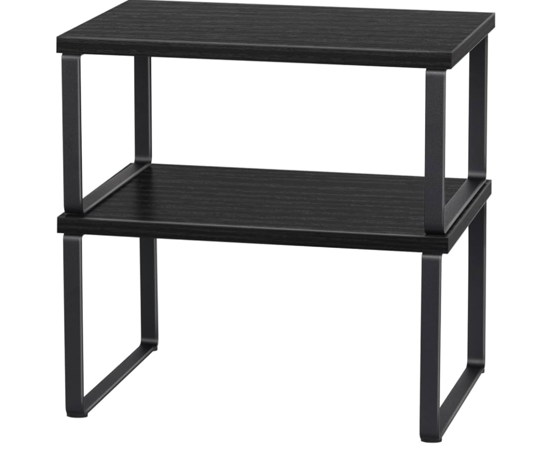 CADUKE Counter Shelf Organizer Set of 2 Kitchen Cabinet Shelves Expandable Countertop Shelves Organizer Wood Cabinet Shelf Black Stackable Storage Rack for Pantry