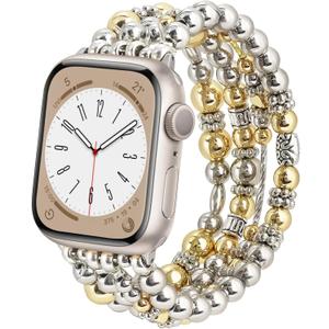Filoto Beaded Bracelet Compatible with Apple Watch Band 38mm/40mm/41mm/42mm/44mm/45mm/46mm for Women Fashion Elastic Beads Stretch Jewelry Strap Replacement for iWatch Series 10/9/8/7/SE/6/5/4/3/2/1 (Silver + Gold)