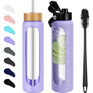 FULBEVY 32 oz Glass Water Bottles  1 Liter Motivational Tumbler Water Bottle Time Marker  Borosilicate Glass Water Bottle With Silicone Sleeve and 2 Lids, Handle Spout & Bamboo Straw Lid