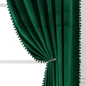 Pom Pom Velvet Curtains 96 Inches for Bedroom, Emerald Velvet Curtains- Thermal Insulated Room Darkening Sun Blocking Rod Pocket Window Drapes for Living Room, 2 Panels, 52 x 96 Inches