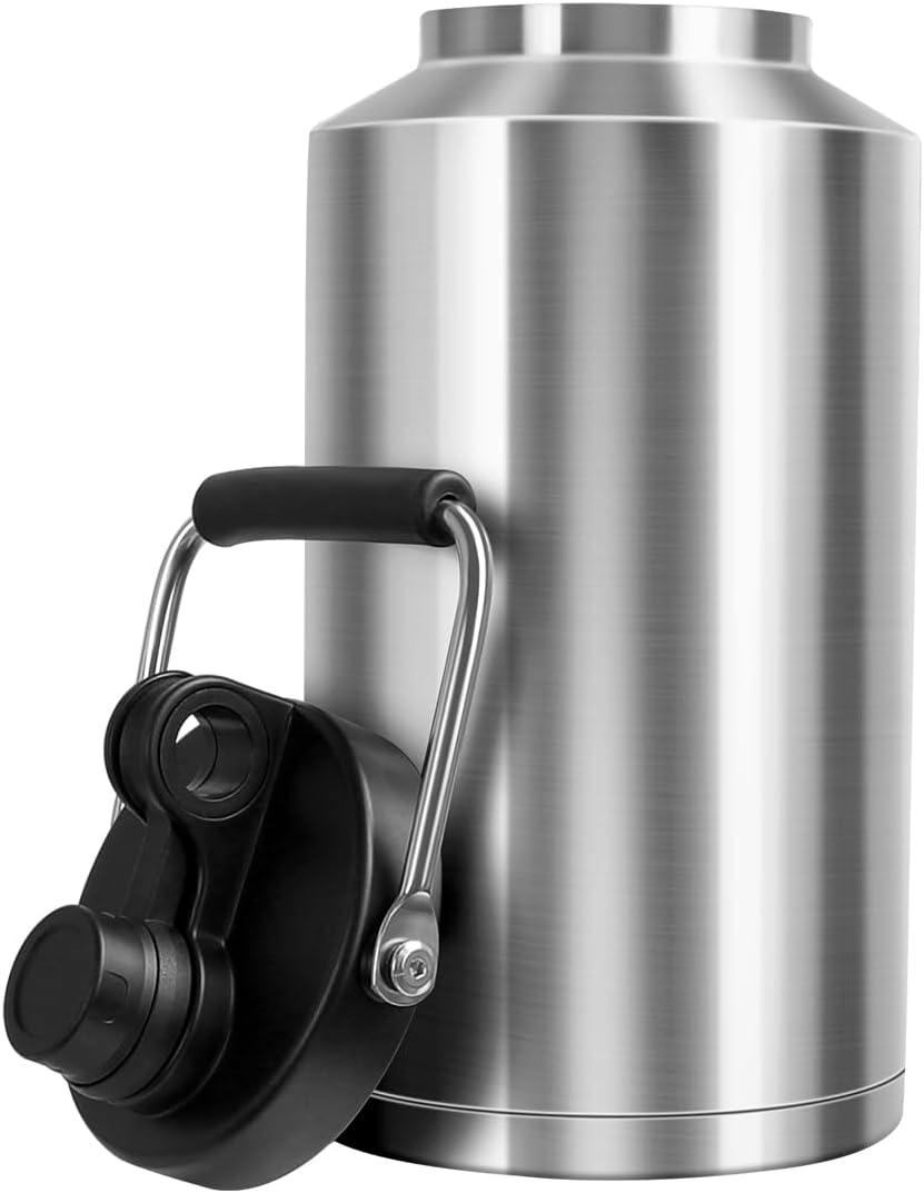 Insulated Water Bottle,1 Gallon Jug with Handle, 128oz Stainless Steel, Large Water Wide Mouth Bottle for Hot & Cold Drinks, Ideal for Travel, Camping, Family (Stainless Steel)