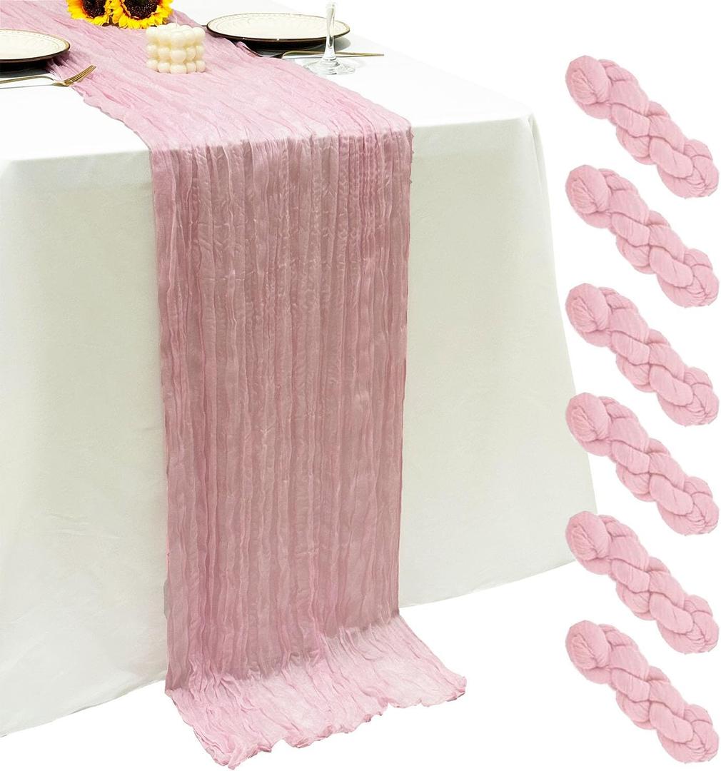 6Pack Light Pink Cheesecloth Table Runner,17 x 108 inch Sheer Cheese Cloth Fabric Table Runner Boho Pink Table Runners Bulk for Wedding,Birthday,Party,Holiday,Home Decor