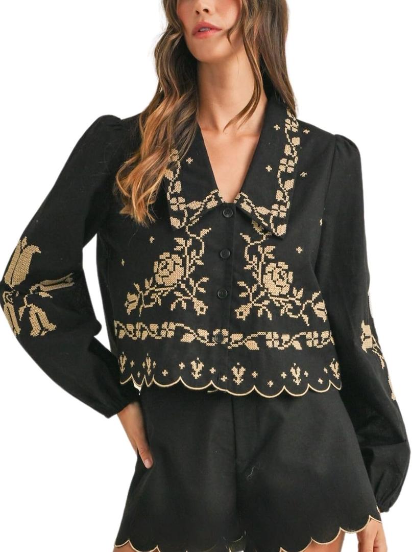 Cropped Floral Embroidery Long Sleeve V Neck Blouse Collar Button Down Shirt (Small, Black)