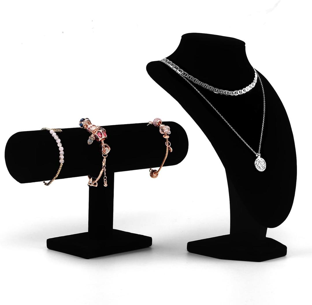 Coobbar Black Velvet Jewelry Display Set - T-Bar & Mannequin Bust, 2-Piece for Necklace & Bracelet Display, Retail Jewelry Organizer, Desk Stand, Boutique Necklace Stand (Black)