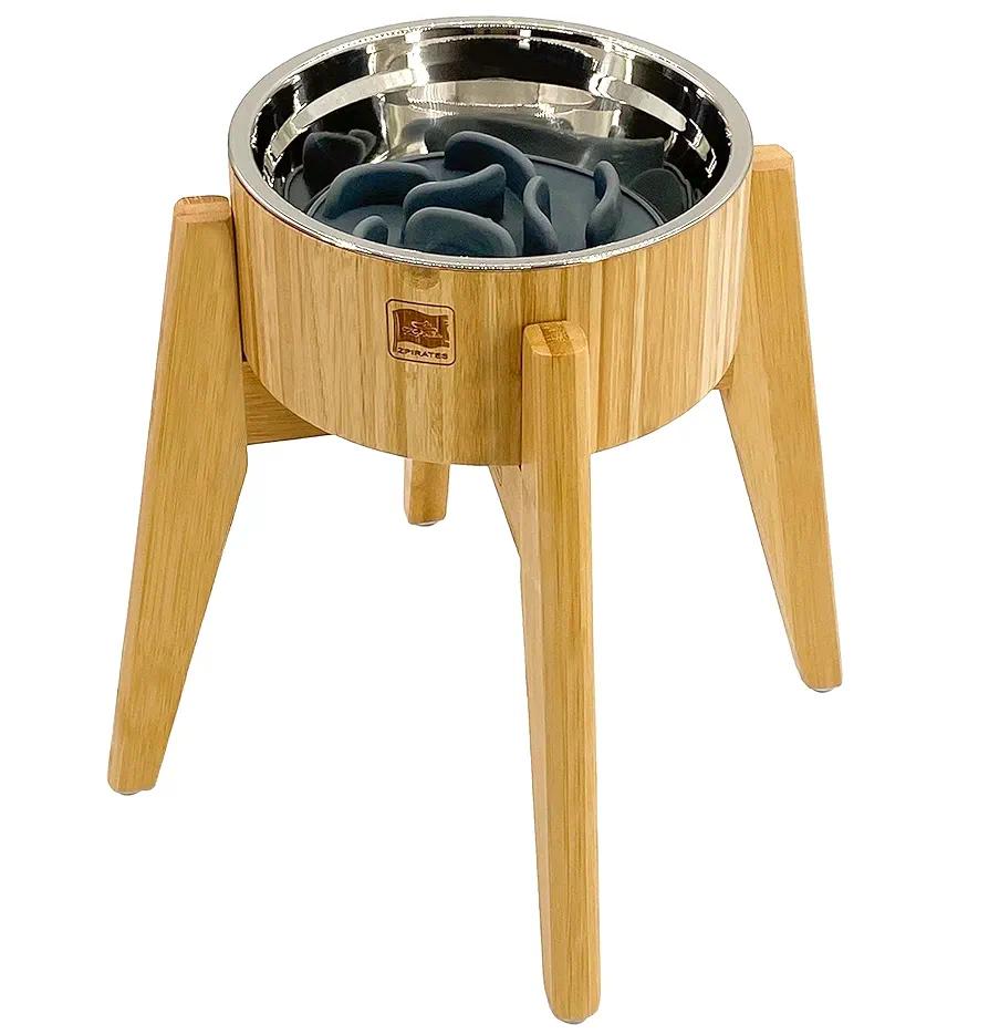 Slow Feeder Dog Bowls Elevated [12-inch High, 60-oz] - Bamboo Bowl, Stainless Steel Dish, Slow Feeder Insert and Stand - Tip-Over Resistant, Easy Fold-Down, All-Detachable Parts
