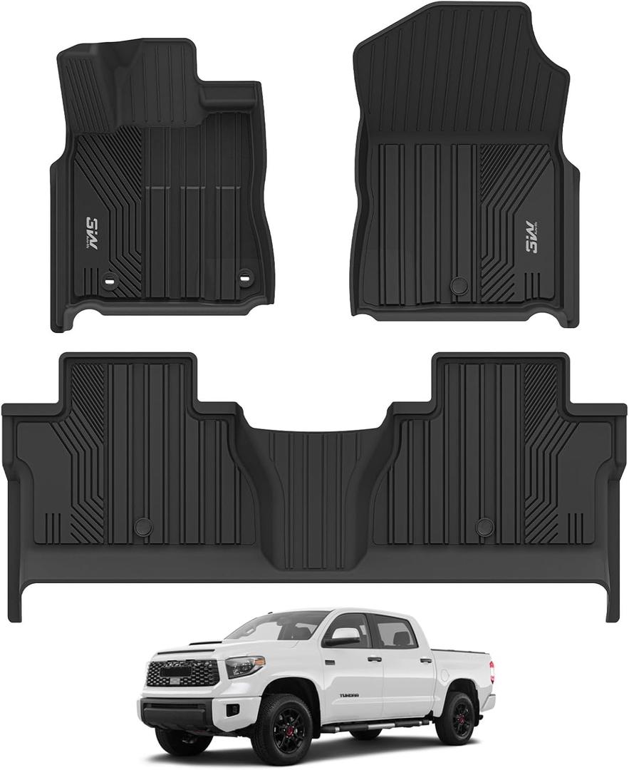 3W Floor Mats for Toyota Tundra 2014-2021 (Only for CrewMax Cab), TPE All Weather Custom Fit Floor Liner for Tundra Accessories SR5/TRD/Limited 1st and 2nd Row Full Set Car Mats Easy Clean, Black