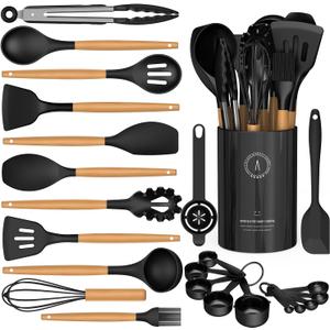 Silicone Cooking Utensils Set - Silicone Kitchen Utensils for Cooking Wooden Handles, 446F Heat Resistant Kitchen Utensil Spatula Sets w Holder, Gadgets for Non-Stick Cookware BPA FREE (Black)