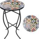VCUTEKA Mosaic Side Table, 21" Round End Table with 14" Ceramic Tile Top, Indoor Patio Accent Table for Yard, Garden, Living Room, Bistro Balcony or Lawn