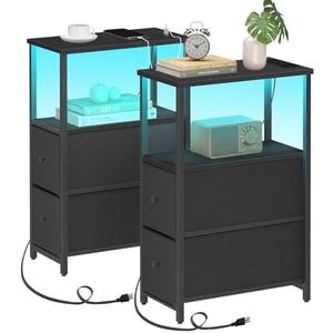 TUTOTAK Small Narrow LED End Table with Charging Station, Side Table Outlets, Nightstand with 2 Cloth Drawers, Set of 2, Couch Table, for Living Room, Bedroom, Bedside, Black TB01BK056