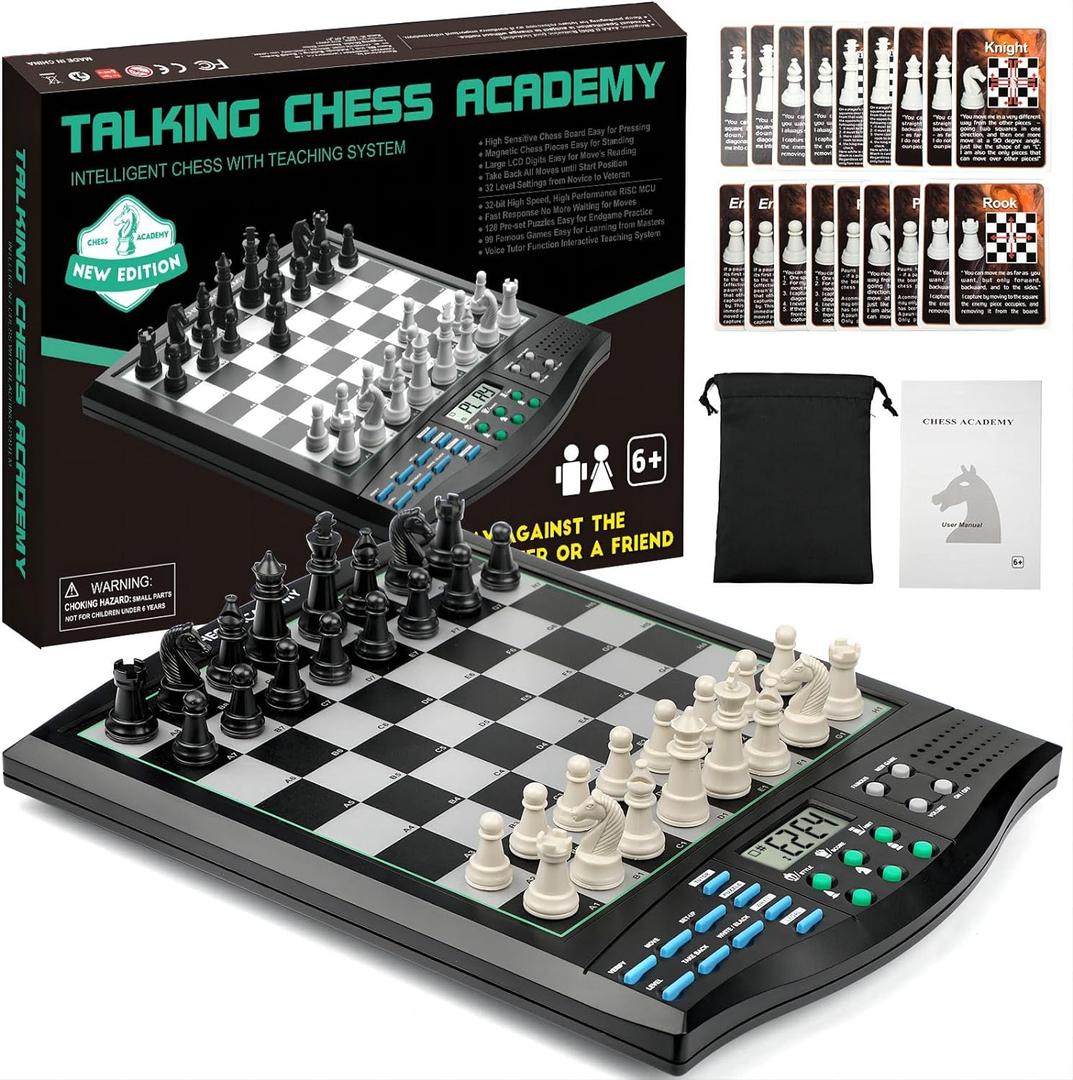 Talking Chess ACADEMY Electronic Chess Set, Magnetic Computer Chess Game with Interactive Teaching System for Beginners, Advanced AI for Improving Players, Perfect for Kids & Adults, Simple and Noble