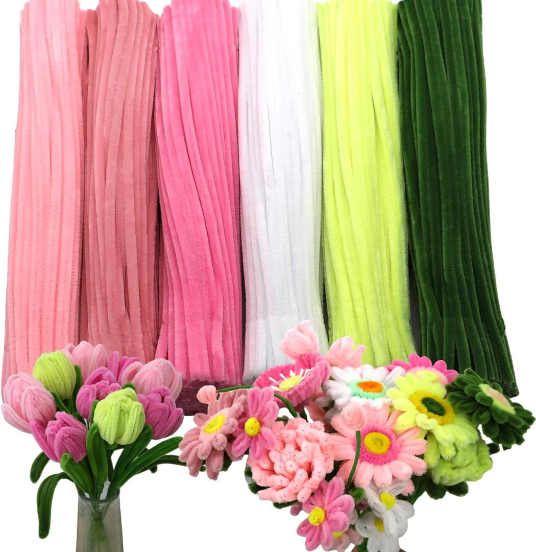 600 Pcs Thick Craft Pipe Cleaners Bulk 6 Assorted Colors,12 Inch Chenille Stem Pipecleaner Kit for Craft Animals, Flowers Making,Creative DIY Decorations (Pink Flower Color)