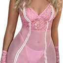 SOLY HUX Women's Lace Babydoll Lingerie Deep V Neck Cami Nightwear Thongs Set with Arm Sleeves 4 Piece Medium