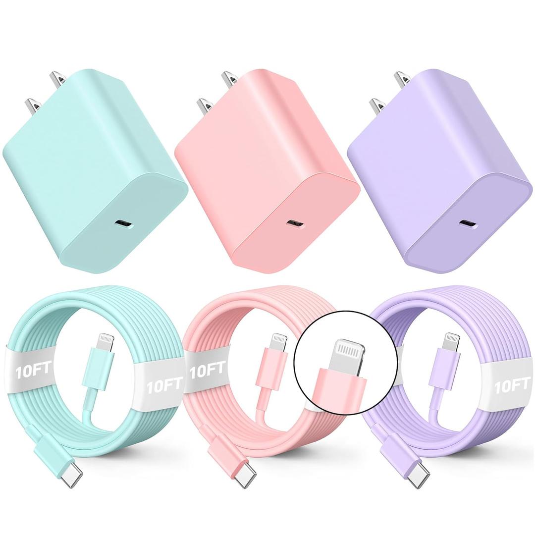 Compatible with iPhone Charger Fast Charging, [3Pack 10FT] 20W PD USB C Wall Charger Block with Type C to Lighting Cable Compatible with iPhone 14/13/12 Pro Max/11/XS/XR/X/8/Plus (PurplePinkGreen)