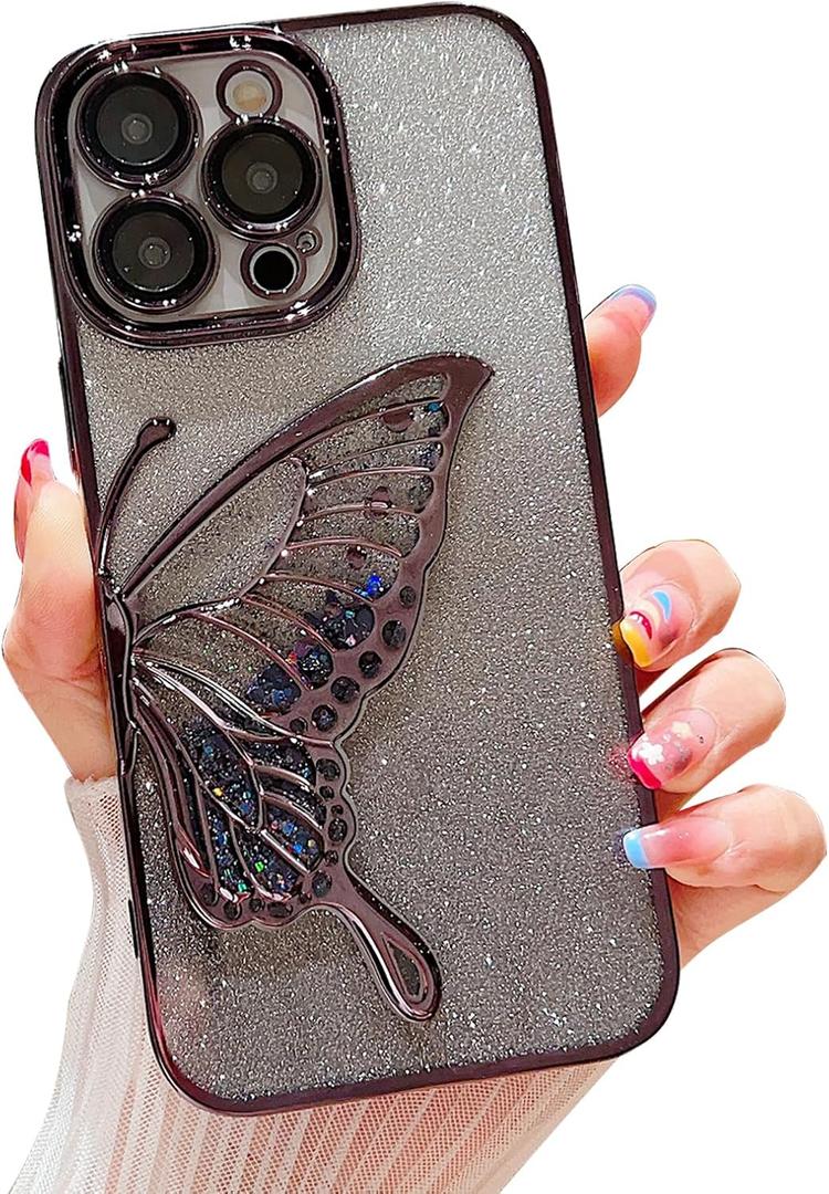 Chrome Case for Women/Girls, Gradient Glitter Butterfly Quicksand Plating Clear Phone Cases for iPhone Compatible with iPhone 15 Pro, Black