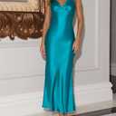 Womens Elegant Satin V Neck Backless Sleeveless Maxi Dress Silk Tie Low Back Formal Cocktail Dresses Wedding Guest (M)