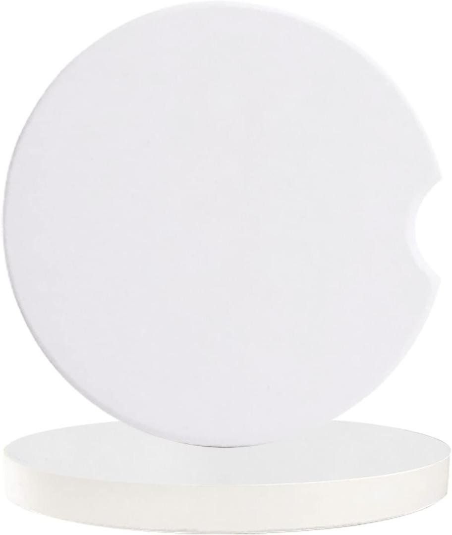 Car Drinks Coasters Pure White Round Coaster Car Accessories with Absorbent Ceramic Stone Finger Notch for Easy Removal (Set of 2 Pack)